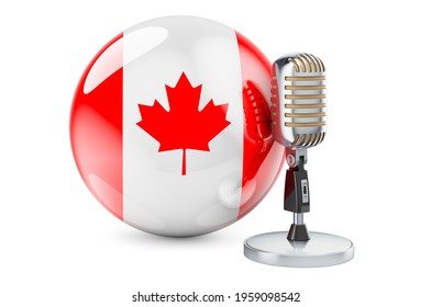 Music of Canada concept. Retro microphone with Canadian flag. 3D rendering isolated on white background