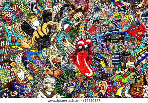 Music Collage On Large Brick Wall Stock Illustration 617950397