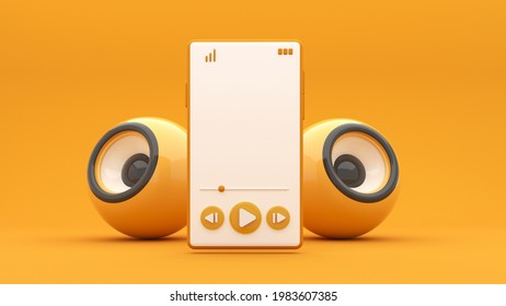 Music column, sub-woofer with a mobile phone and flying notes - 3d render.Concept for online music, radio, listening to podcasts, books at full volume. Digital illustration for mobile music app, song.