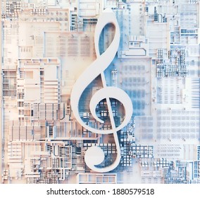 Music Concept Abstract Background.Clef Key.Technology And Trendy Music.3d Illustration.Sound Engineering And Dubstep Music Concept.Create Music Design