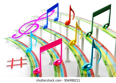 Music concept, abstract colorful note sheet with multicolored musical notes and clef on white background