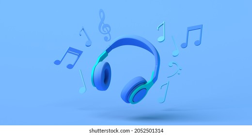 Music Concept With Headphones And Musical Notes. Copy Space. 3D Illustration.