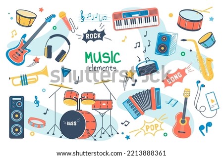 Music concept isolated elements set. Bundle of song creation and recording, guitar, drums, keyboards, saxophone, microphone, headphones, musical instruments. Illustration in flat cartoon design