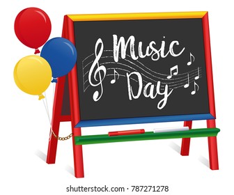 Music Day, Balloons, Chalkboard Easel For Children, Treble Clef, Staff, Notes, Chalk, For Preschool, Daycare, Nursery School, Kindergarten. March Is National Music Month. 