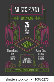 Music Event Poster Template. Isometric Speakers And Geometric Design Elements. Night Club Flyer.