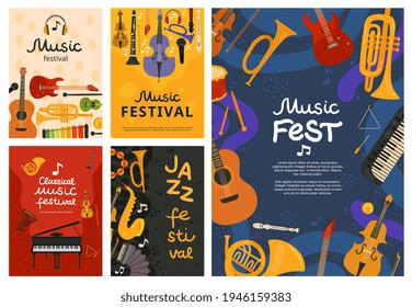 Music festival. Jazz concert, musical instruments poster design. Guitar and piano, saxophone background. open air song event flyers - Powered by Shutterstock