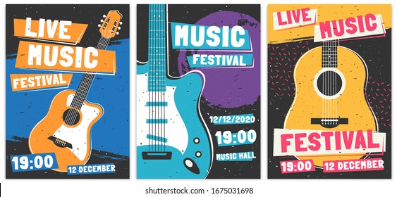 Music festival posters. Live acoustic guitar music concert poster, rock fest flyer and creative brochure template  set. Rock n roll concert advertising banner concept. Entertainment event promo - Powered by Shutterstock