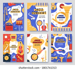 Music festival posters. Musical party or event music instruments abstract banner, jazz concerts invitation brochure,  illustration set. Jazz music poster festival, banner colored - Powered by Shutterstock