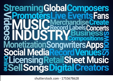 Music Industry Word Cloud on Blue Background