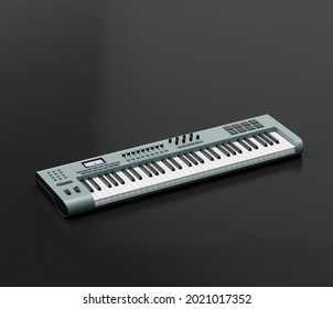 Music Instriument, Synthesizer, Electronic Keyboard On The Floor In A Dark Studio, Nobody, 3d Rendering