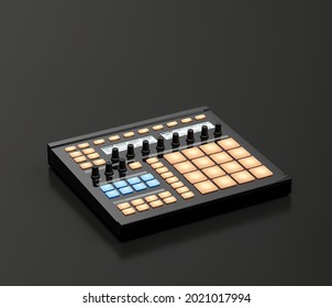 Music instrument, USB MIDI pad controller, drum and effect pad in a dark studio, nobody, 3d rendering