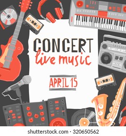 Music Live Concert Poster With Flat Musical Instruments  Illustration