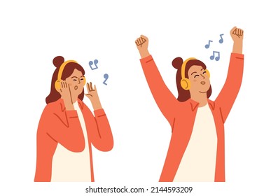 Music Lover. Girl Listen Song In Headphones. Bad Good Podcast, Musical Playlist Or Audiobook. Happy And Sad Angry Woman Listening Info Character