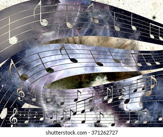 music note and  Space with stars. abstract color background. Music concept. 