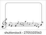 Music notes frame vector. Rectangular blank musical border with treble clef and staff bottom decoration, black and white copy space background for text or invitation.