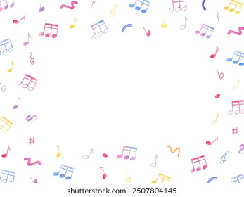 Music notes. Sound symbols in various colors. Horizontal frame with copy space for text. Audio elements, signal, voice recording. Watercolor illustration for musical school, greeting - Powered by Shutterstock