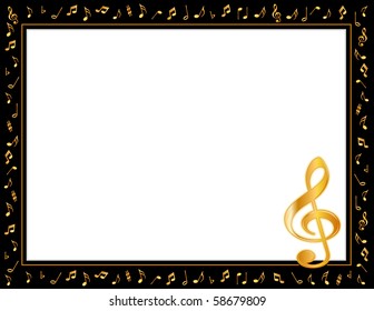 Music Poster, gold music notes, treble clef, black frame, copy space for concerts, recitals, announcements, fliers and music events. - Powered by Shutterstock