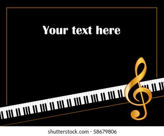 Music Poster. Grand piano keys, golden treble clef, black background, copy space for music events, announcements, fliers, performances, recitals. - Powered by Shutterstock