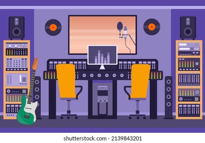 Music Recording Studio Room With Loudspeakers, Guitar And Control Panels. Radio Booth For Singer And Bands. Song Audio Record  Concept. Illustration Of Studio Sound Music