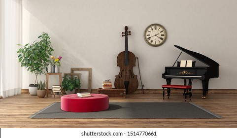 Music room with grand piano and double bass , hardwood floor and white wall- 3d rendering