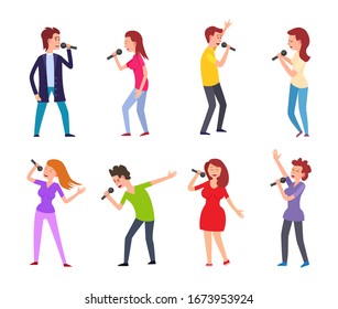 Music singers male and females performers set raster. People singing for leisure and entertainment, man and woman dancing and holding microphones - Powered by Shutterstock