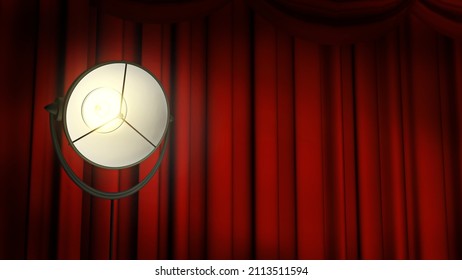 Music stage close up background. Classic red curtain with a big vintage spotlight. 4K, 3D rendering template, ideal as a live performance backdrop
