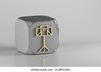 Music Stand Icon. Beautiful Golden Music Symbol Icons On A Beton Cube And White Ceramic Background. 3d Rendering Illustration. Background Pattern For Design.