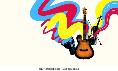 Musical ensemble explosion. Guitar, violin, and drum releasing vibrant sound waves against light background. Energy of live music. Creative art collage. Concept of music, festival, creativity - Powered by Shutterstock