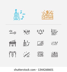 Musical Icons Set. High Volume And Musical Icons With Clarinet, Bell And Karaoke. Set Of Tech For Web App Logo UI Design.