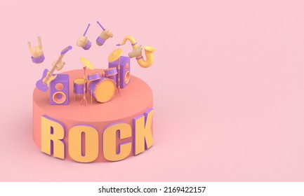 Musical Instruments With 3D Rock Text. 3D Render