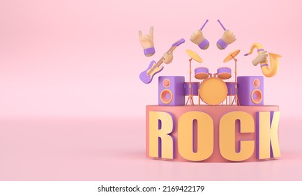 Musical Instruments With 3D Rock Text. 3D Render