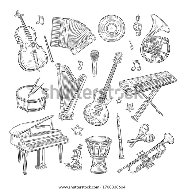 Musical instruments doodles. Drum flute synthesizer
accordion guitar microphone piano musical notes retro hand drawn
sketch set