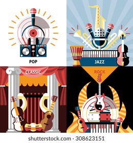Musical instruments flat icons set with pop jazz classic rock isolated  illustration.