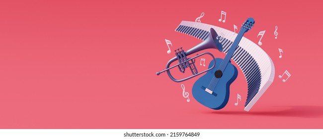 Musical instruments and flying music notes isolated pink background 3d render 3d illustration