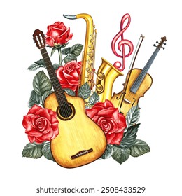 Musical instruments: violin, saxophone, guitar and treble clef decorated with roses. Watercolor illustration made by hand. For posters, flyers and invitation cards, stickers, postcards and prints. - Powered by Shutterstock