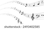 Musical note treble clef floating and flowing on staff line, abstract key tone on music sheet design, swirl tune score, classical creativity melody play background