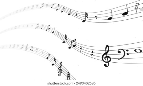 Musical note treble clef floating and flowing on staff line, abstract key tone on music sheet design, swirl tune score, classical creativity melody play background