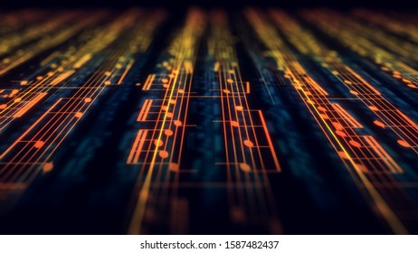 Musical Notes Composition Background in Yellow and Orange. 3d Illustration. The Depth of Field.