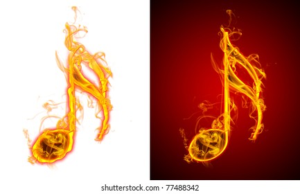 musical notes fire on a red and white background