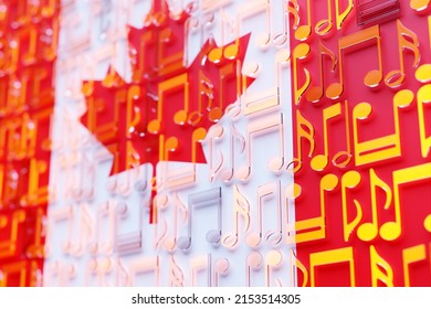 Musical notes lined up in even rows against the backdrop of the National Flag of Canada. The concept of the national anthem, music. 3D illustration