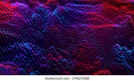 A musical wave of particles. Background of glowing particles. Dust particles. Abstract futuristic illustration. 3D rendering.