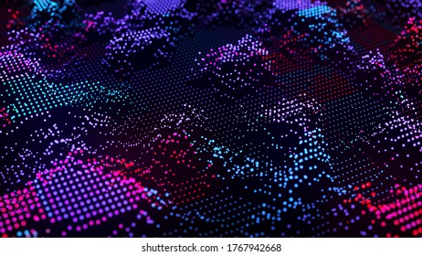 A musical wave of particles. Background of glowing particles. Dust. Abstract futuristic illustration. Landscape. 3D rendering.