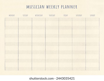 Musical weekly planner blank. Schedule, weekly overview, organizer. Hand drawn template on music sheet. - Powered by Shutterstock