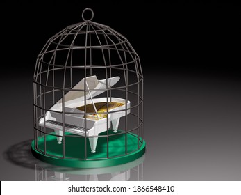 Musical white Grand piano on a birdcage. 3D, illustration.