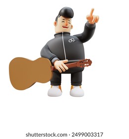 Musical Youth 3D. Cartoon Character Holding a Guitar and Raising a Hand. Cartoon Boy - Powered by Shutterstock