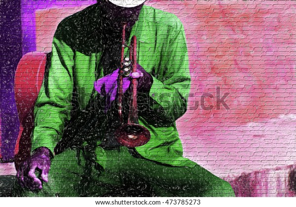 Musician jazz is a colorful urban illustration of an old time trumpet player tuning up his instrument by blowing his horn. Wallpaper mural. 