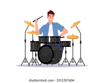 Musician playing drum set isolated percussion instrument and player. drummer musician beating cymbals by drumsticks, player and jazz band equipment. Live music show concert, flat-cartoon