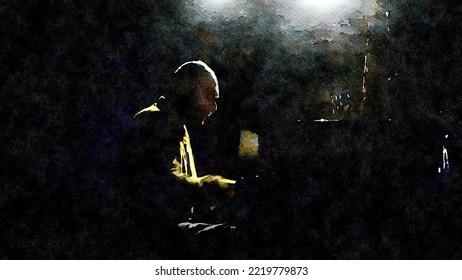 A Musician Plays His Piano In The Smoky Atmosphere Of A Club During A Night Concert.