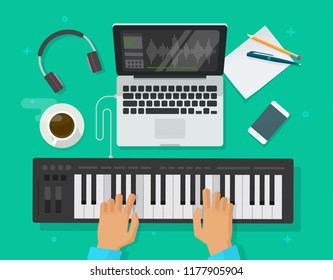 Musician workspace studio illustration, flat person playing midi piano keyboard and compose electronic music on computer laptop with and sequencer software top view, musician writing song image
