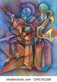 Musicians Cubism Portrait. Picasso Style Painting.